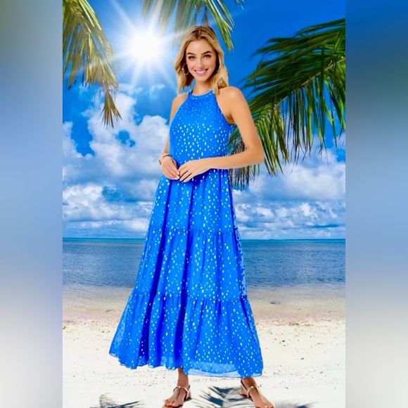 Lilly Pulitzer NWT Beccalyn Maxi Dress Boca Blue Viscose Metallic Clip Size  M,L